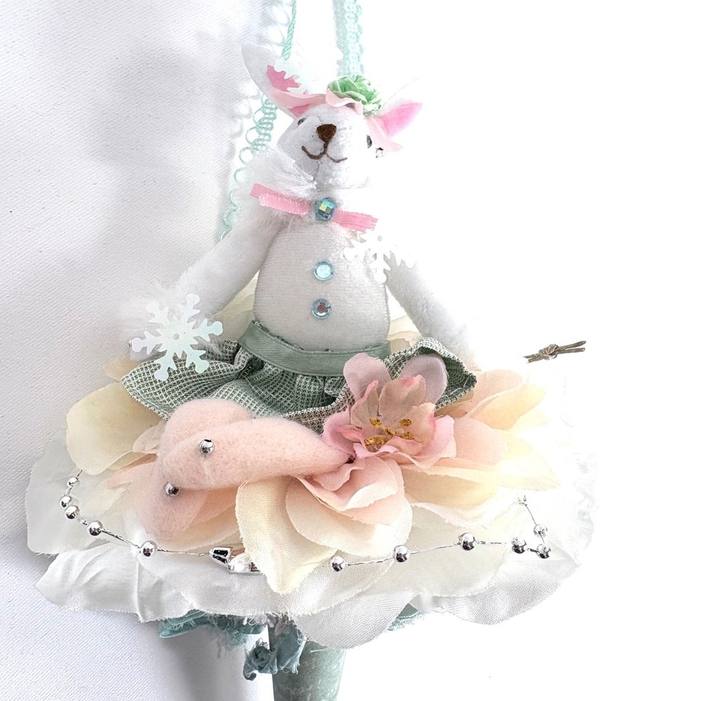 Handmade Bunny Ballerina Ornament White Pink Green Floral Easter Whimsical Decor